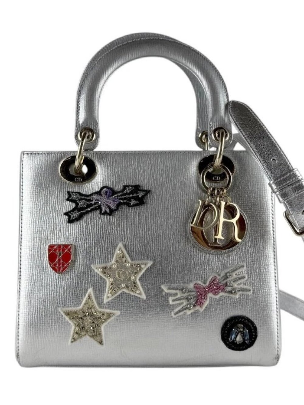Christian Dior Lady Dior Handbag Shoulder Bag Silver Leather
